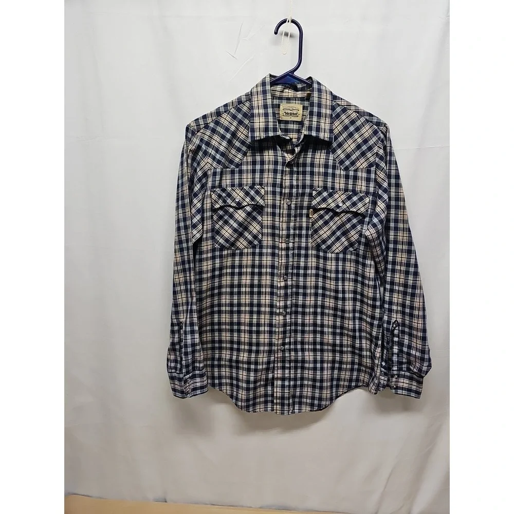 Levis Mens Blue Vintage Plaid‎ Pearl Snap Western Shirt Long Sleeve Sz M